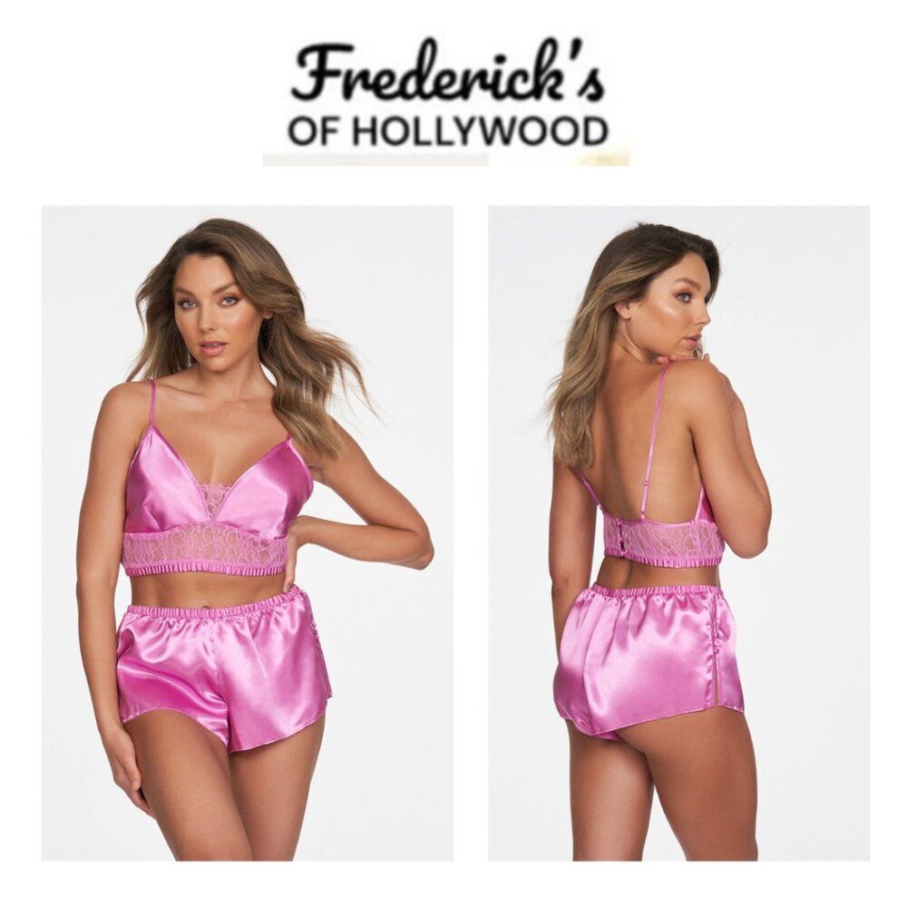 Frederick's of Hollywood Hot Pink Satin Bralette & Shorts Set
